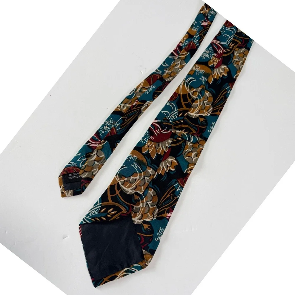 Vintage Geoffrey Beene Silk Necktie Teal Floral Abstract Handmade Art to Wear